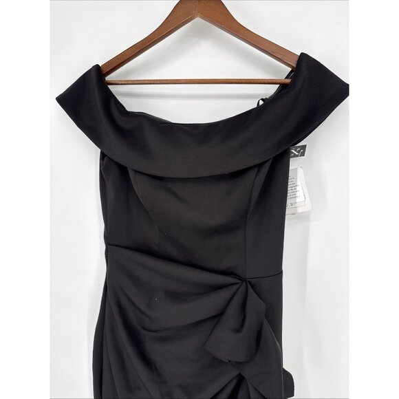 XSCAPE Off-The-Shoulder Size 10 Black Ruched Bodycon Cocktail Midi Dress $209 - Picture 4 of 9